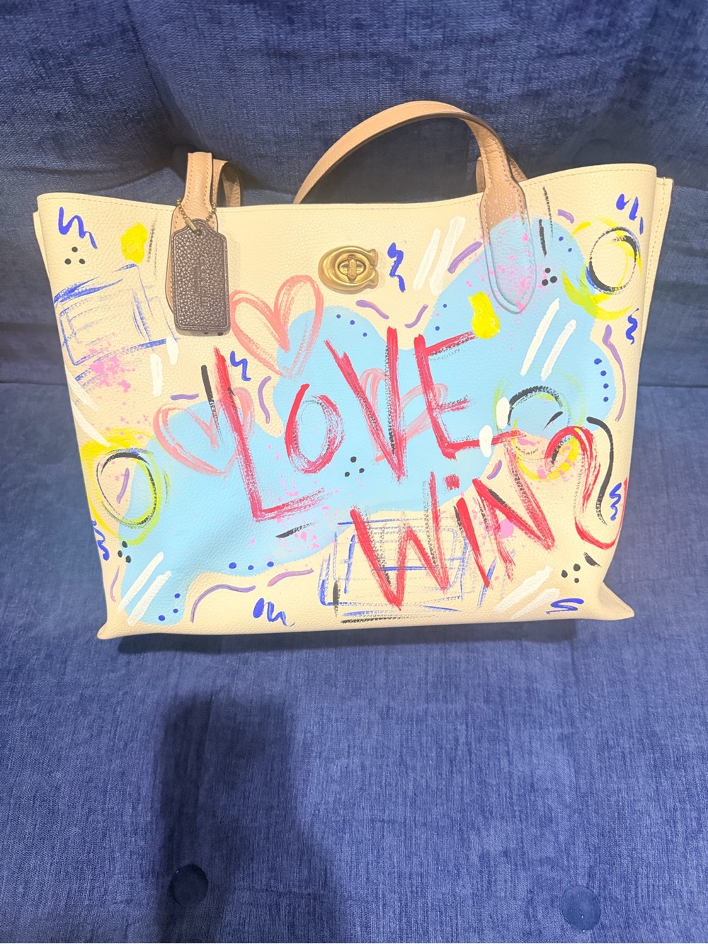 Painted Beige Coach Bag with Hand Painted Graffiti - Picture 2 of 9